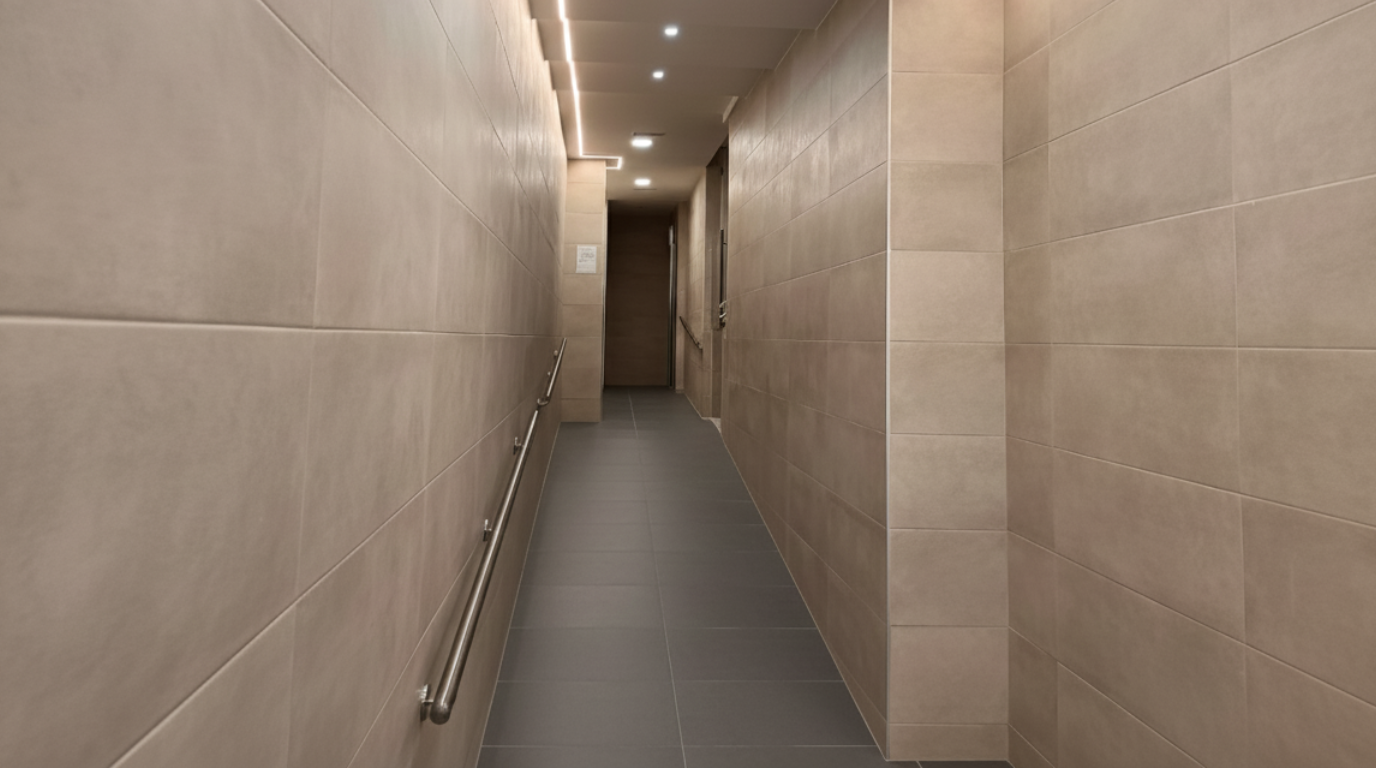 Portal reformado: acceso moderno con iluminación LED y acabados en tonos cálidos
